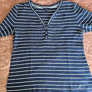 Nautica Striped Ribbed Henley Top, Blue/White, Size Youth XL